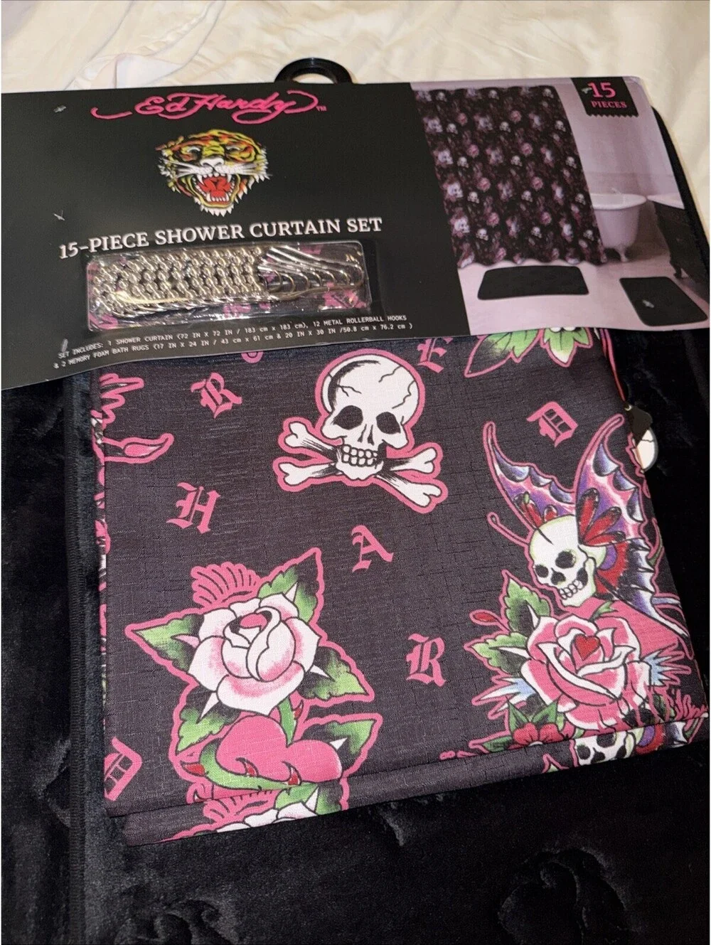 Ed Hardy 15pc Shower Curtain Set Black & Pink Tiger Burning Heart Skull & 2 Rugs